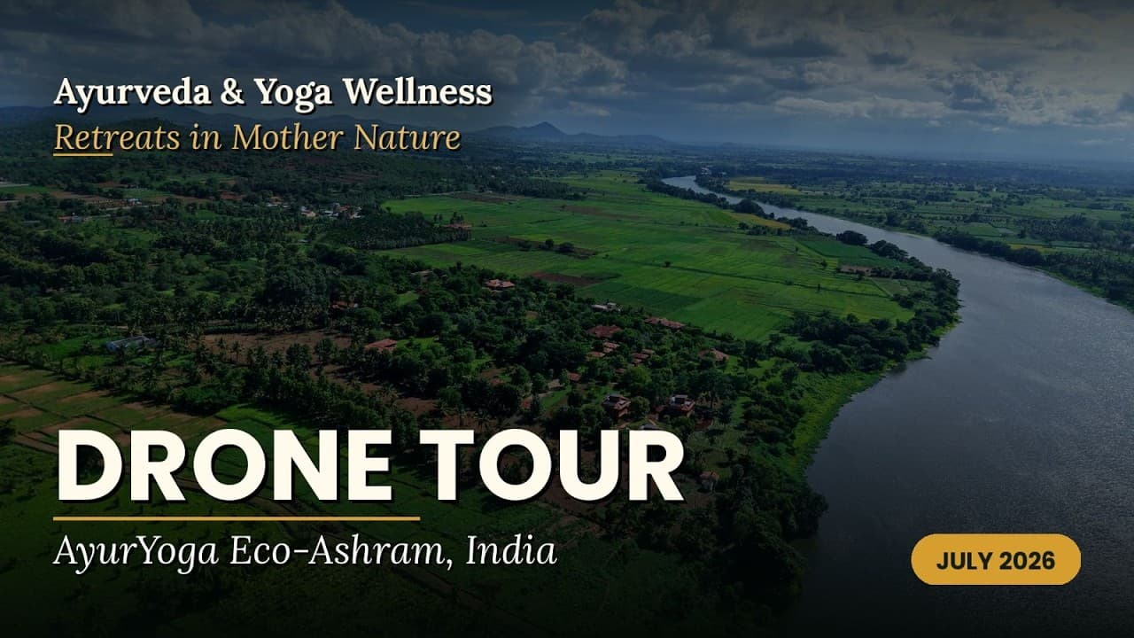 Still from “Experience AyurYoga Eco Ashram | in Mysuru, India| Ashram Drone Tour 2026”, AyurYoga Eco-Ashram India’s own video