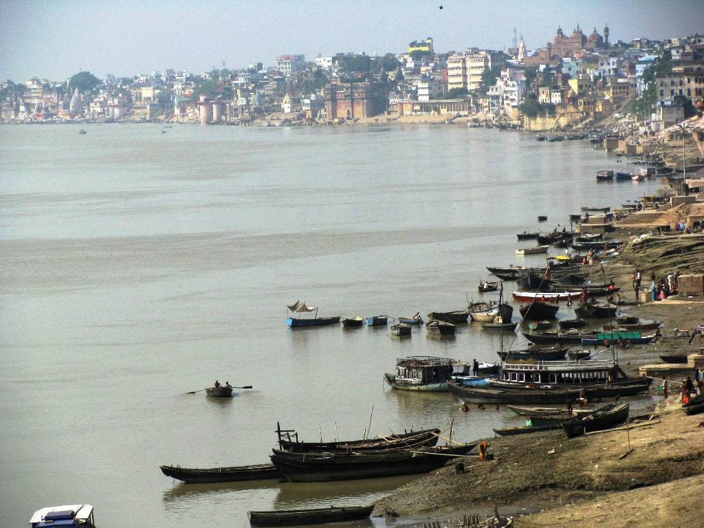 Varanasi's ghats seen from Malviya Bridge, which runs beside the Rajghat campus